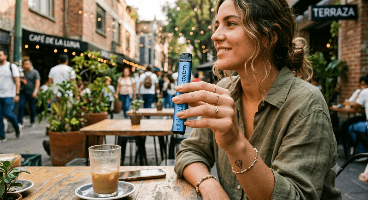 Persona usando un vape descartable como alternativa al cigarrillo